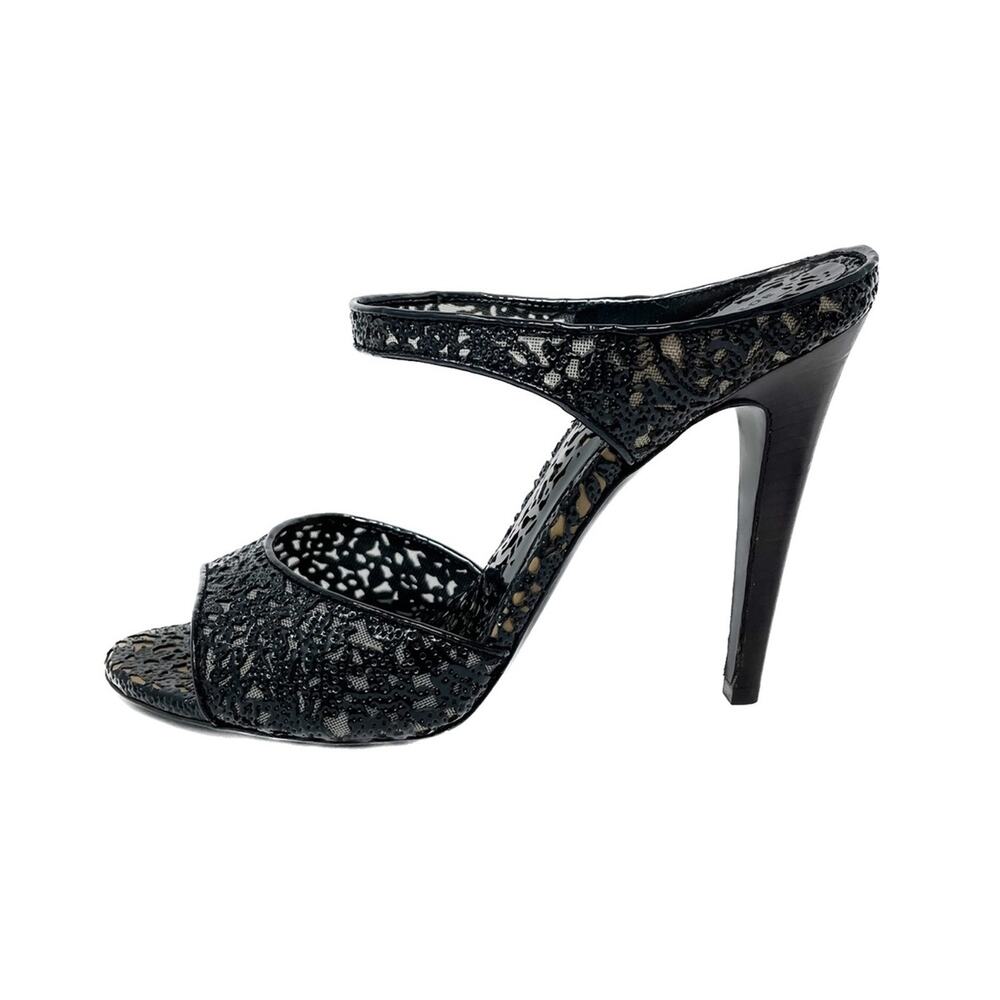 Bottega Veneta black patent lasercut lace high heel sandals size 37.5